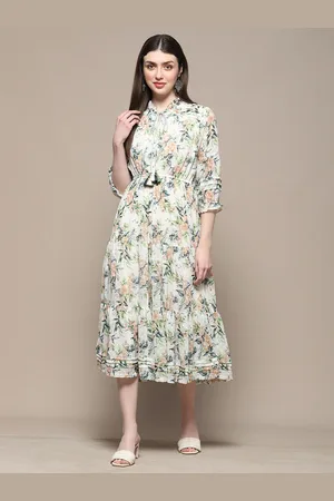 Biba Floral Printed Tie Up Neck Tiered Fit & Flare Midi Dress