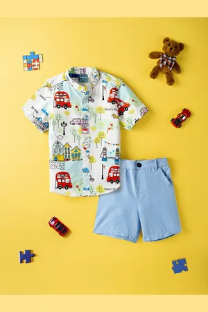 Nauti Nati Boys Conversational Printed Mandarin Collar Pure Cotton Shirt With Shorts