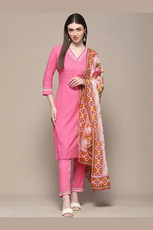 Biba Woven Design V-Neck Pure Cotton Kurta with Trousers & Dupatta