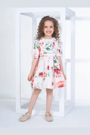 Peppermint Girls Floral Printed Puffed Sleeves Fit & Flare Dress