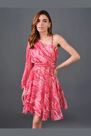 AND Abstract Printed Asymmetric Neck Fit & Flare Dress