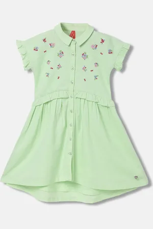 Blue Giraffe Floral Embroidered Shirt Collar Peplum Dress