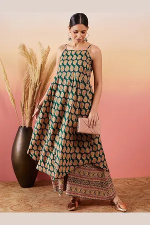 InWeave Ethnic Motifs Printed Shoulder Straps Anarkali Pure Cotton Kurta With Palazzos