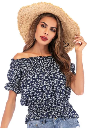 Stylecast Navy Blue Floral Print Off-Shoulder Bell Sleeve Bardot Top