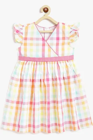 Campana Girls Checked Cotton V-Neck Flutter Sleeve Wrap Casual Dress