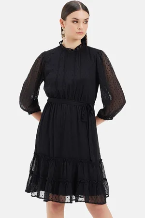 Kazo Self Design Puff Sleeve Chiffon Fit & Flare Dress