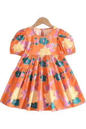 BAESD Floral Printed Puff Sleeve Round Neck Cotton Fit & Flare Dress