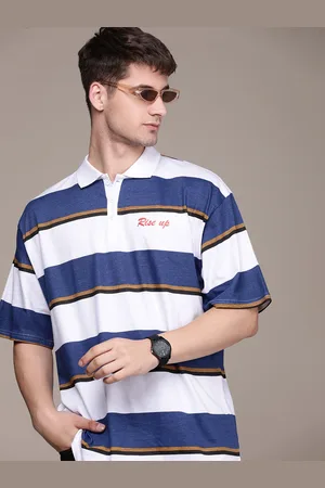 Moda Rapido Pure Cotton Striped Polo Collar Drop-Shoulder Sleeves T-shirt