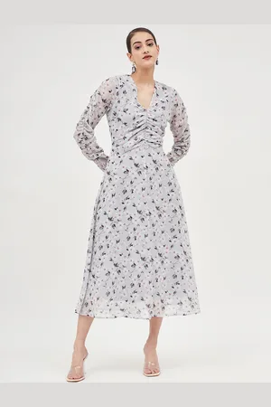 Harpa Floral Print V-Neck Fit & Flare Long Puff Sleeves Midi Dress