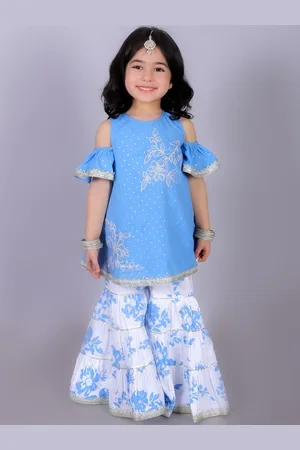 LIL DRAMA Girls Ethnic Motifs Embroidered Thread Work Pure Cotton Kurta with Sharara