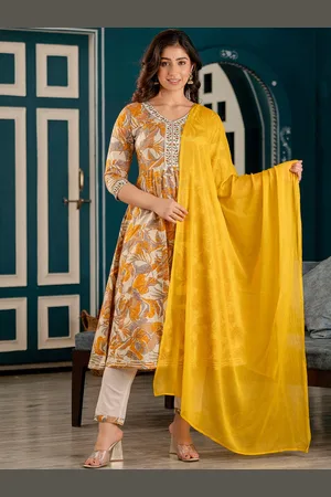 Charu Floral Printed Thread Work Pure Cotton V-Neck Anarkali Kurta with Trouser & Dupatta