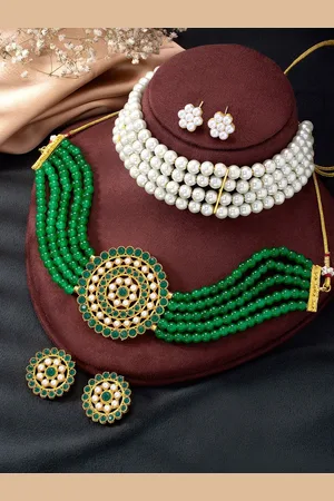 Peora Set Of 2 Gold Plated Stones Studded & Beaded Jewellery Set
