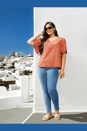 Sztori Women Plus Size Orange & Black Floral Print Top