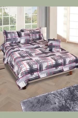 Aura Grey & White Checked Printed Cotton 210 GSM Double Queen Bedding Set