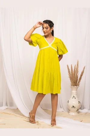 FIORRA Cotton V-Neck Flared Sleeve A-Line Casual Dress