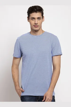 DOOR74 Men Blue Striped Round Neck T-shirt