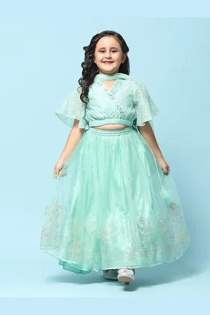 Biba Girls Embellished V-Neck Flared Sleeves Lehenga & Blouse With Dupatta
