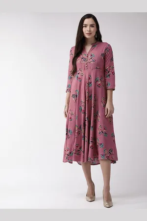 all about you Pink & Green Floral Printed A-Line Midi Dress