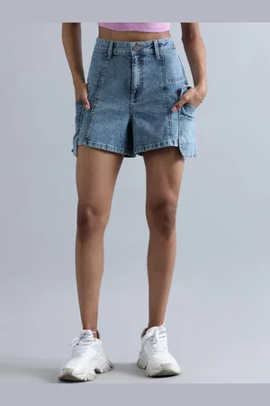 Bene Kleed Women Washed High-Rise Panelled Cargo Denim Shorts