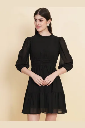 RAASSIO High Neck Puff Sleeve Fit & Flare Mini Dress