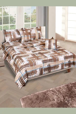 Aura Brown & White Checked Cotton 210 GSM Double Queen Bedding Set