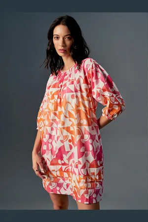 AND Round Neck Abstract Print Puff Sleeve Fit & Flare Midi Dress