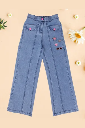 CUTECUMBER Girls Mid-Rise Embroidered Dark Shade Clean Look Denim Cotton Jeans