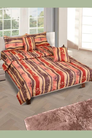Aura Beige & Brown Floral Printed Cotton 210 GSM Double Queen Bedding Set