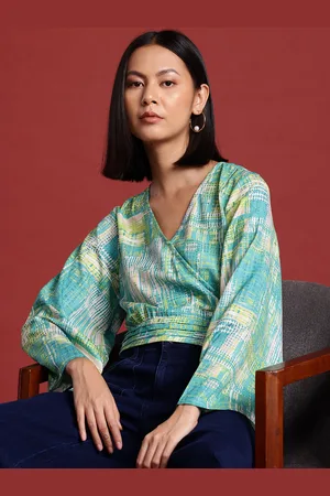all about you Geometric Print Flared Sleeve Wrap Crop Top