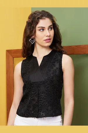 Globus Women Black Self Design Pleated Detail Party Round Neck Top