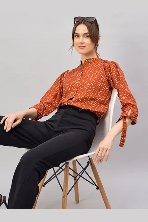 DressBerry Polka Dots Printed Mandarin Collar Crepe Top