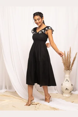 FIORRA Cotton V-Neck Cap Sleeves Fit & Flare Midi Casual Dress