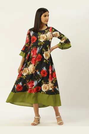 all about you Black & Coral Pink Floral Printed Bell Sleeve Fit & Flare Midi Dress