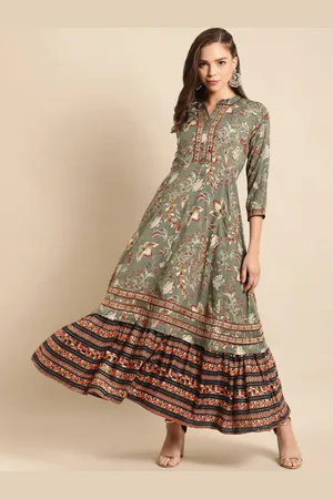 all about you Grey & Green Floral Printed Notch Neck Liva Maxi Dress