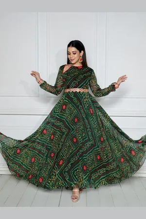 Nüd Bandhani Printed Flared Sleeves Thread Panelled Work Georgette Anarkali Kurta