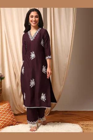 Inddus Burgundy Floral Embroidered Thread Work V-Neck Straight Kurta With Palazzo