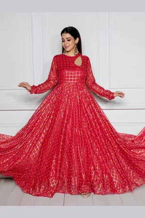 Nüd Checked Flared Sleeves Chiffon Flared Anarkali Kurta With Dupatta