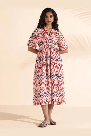 trueBrowns Ikat Printed Gathered Pure Cotton Fit & Flare Ethnic Dress