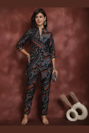Claura Printed Mandarin Collar Tunic With Trousers Co-Ords