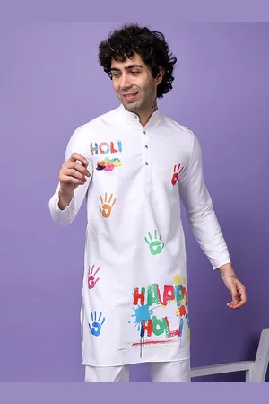 Hangup Graphic Printed Mandarin Collar Straight Holi Kurta