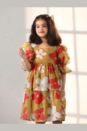 Vastramay Girls Floral Printed Square Neck Tiered Cotton Schiffli Empire Dress