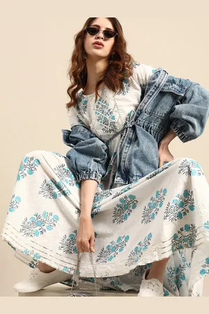 all about you White Floral Printed Round Neck Bell Sleeve Fit & Flare Cotton Midi Dress