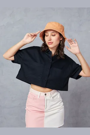 Bewakoof Black Drop-Shoulder Sleeves Cotton Oversized Crop Casual Shirt