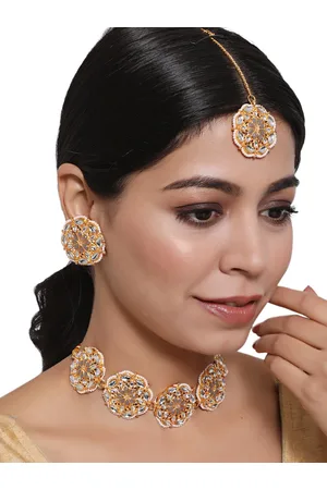 Anouk Gold-Plated Kundan Studded Floral Shaped Choker Necklace with Earrings & Maang Tika