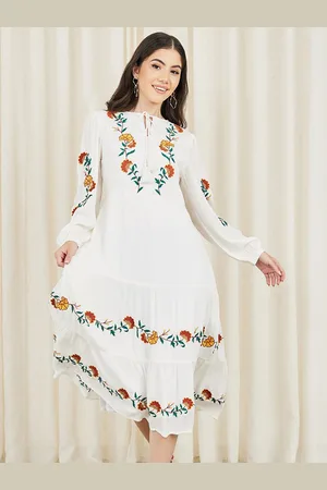 Styli Floral Embroidered Tie-Up Neck Bell Sleeve A-Line Midi Dress
