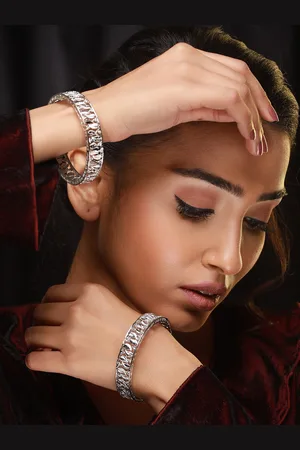 Sangria Set Of 2 Silver-Plated Leaf Shaped Bangle