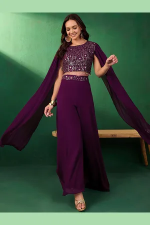 Sangria Floral Embroidered Sequined Crop Top With Palazzo