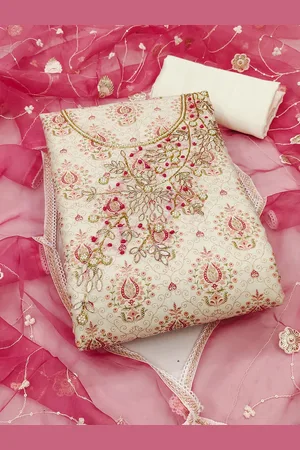 Kalini Floral Printed Beads and Stones Unstitched Dress Material