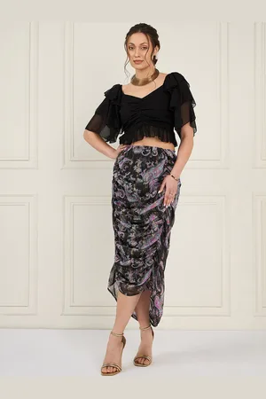 Antheaa Sweetheart Neck Crop Top With Printed Ruched Skirt
