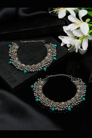 Sangria Set Of 2 German Silver-Plated Beaded Oxidised Tribal Anklets